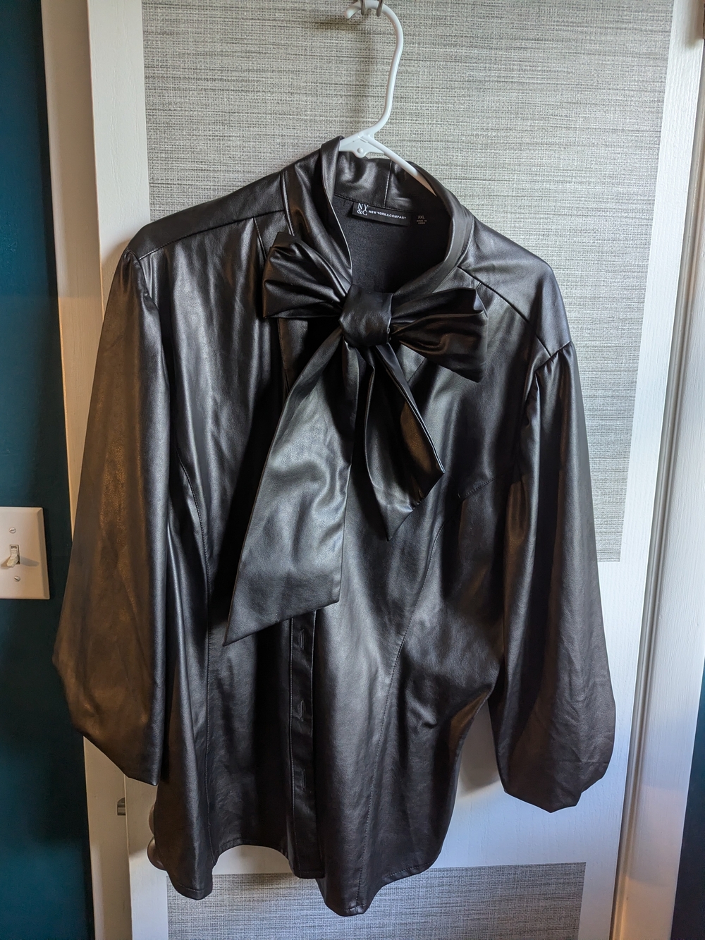 New York & Company Black Leather Like Bow-Tie Blouse